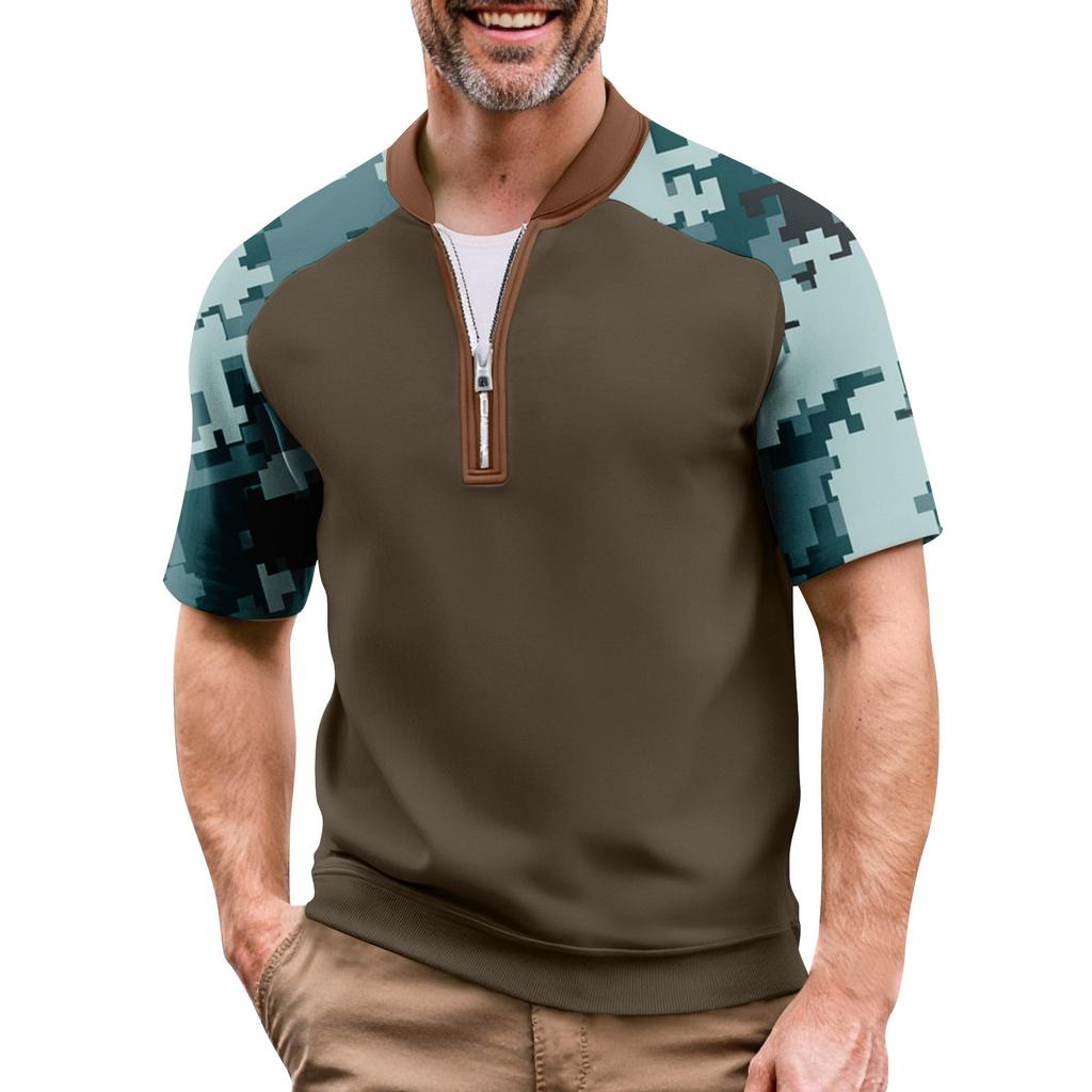 Pánské letní maskáčové ležérní tričko sportovní prodyšné s límcem na zip