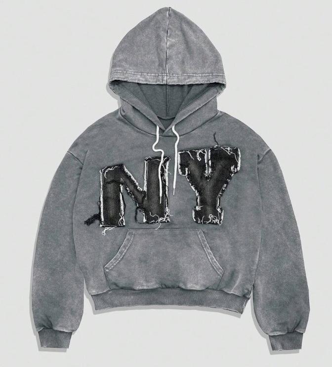 Retro 3D printed NY letter hooded sweater, street trendy brand loose fashion design top