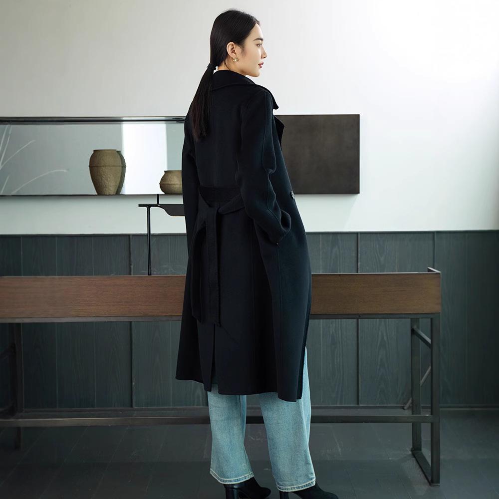 Women's Extra-Long Slim-Fit Over-the-Knee Double-Faced 100% Wool Queen Style Trench Coat for Autumn/Winter