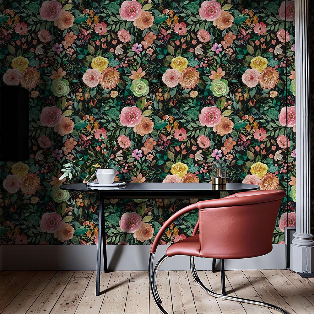 Elegant Green Leaf and Pink Floral Wallpaper Self-adhesive Home Decor Blooming Floral Wall Mural Peony Roses Wallpaper