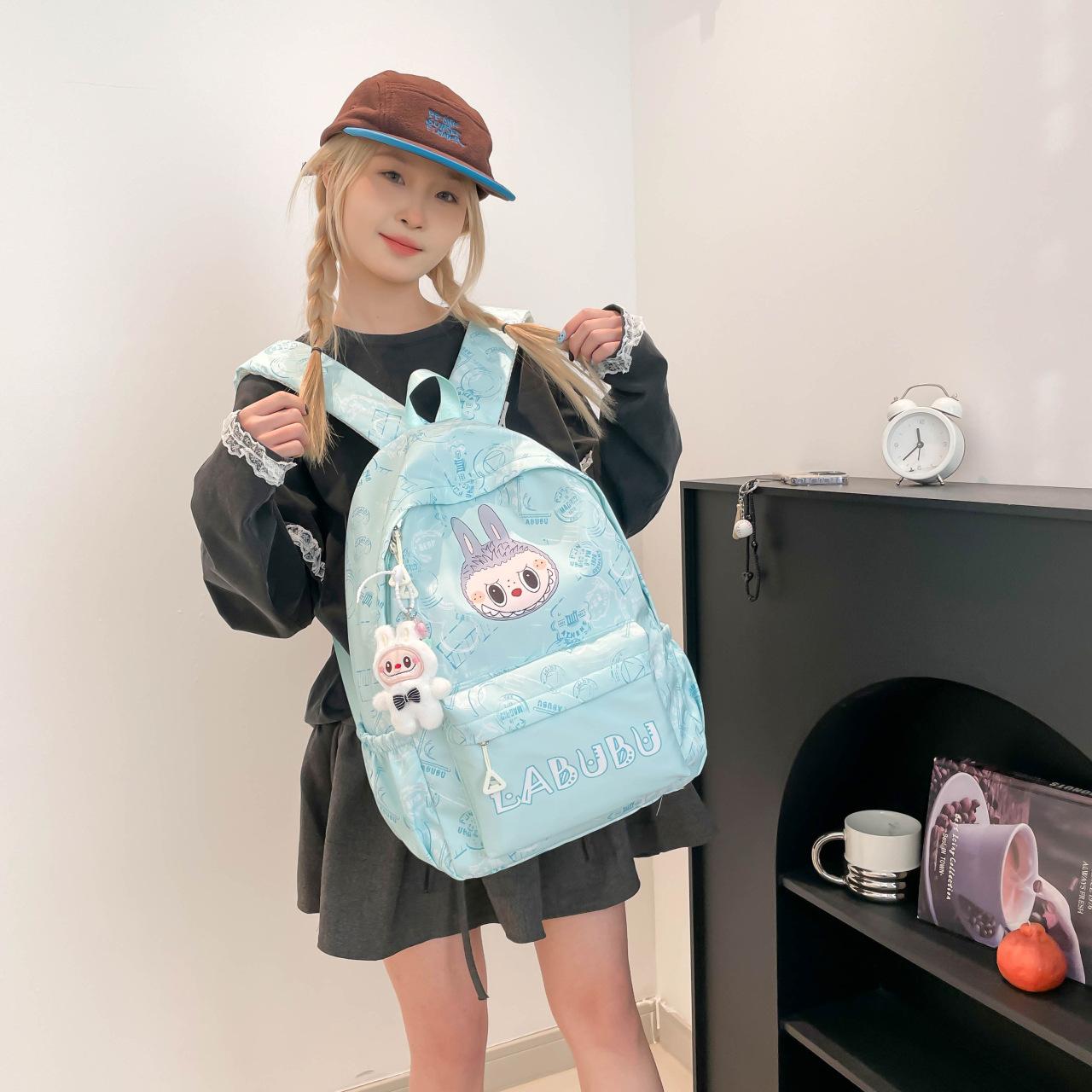 

School Bag Cartoon Labubu New Trendy Backpack Large Capacity Exquisite Printing Student Ultra-light School Bag With pendant зелений