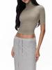 T-shirt Estiva Slim Fit Retrò in Tencel Lycra, Scollo Alto, Spalla Dritta, Manica a Cinque Quarti