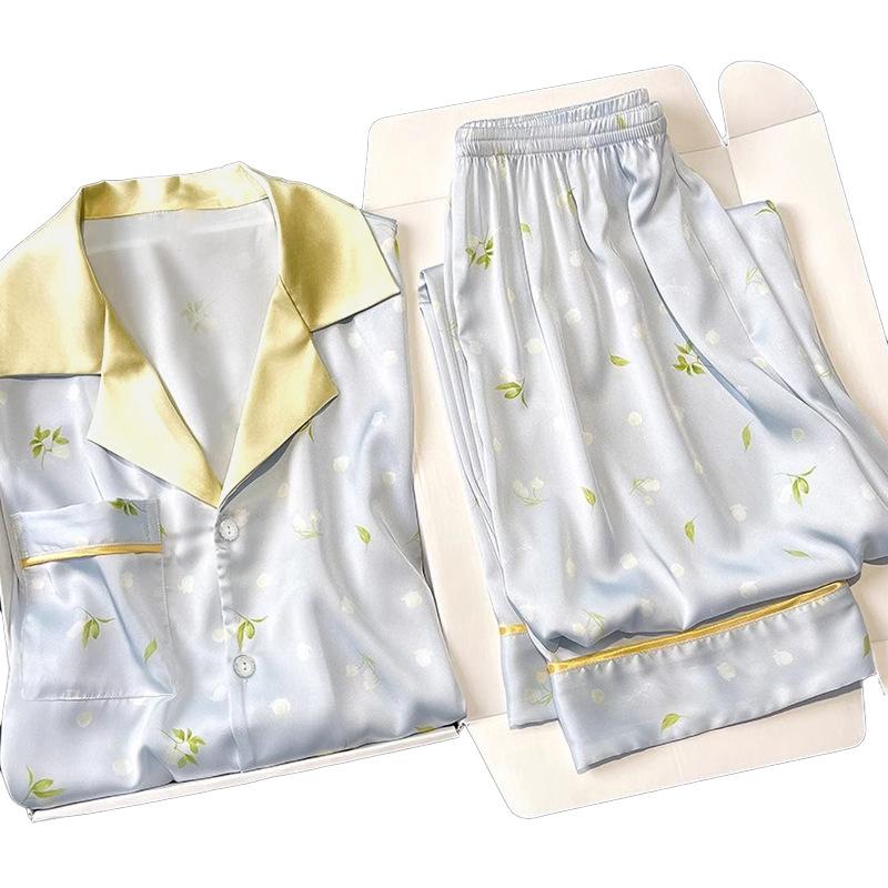 Spring And Summer Wind Floral Simulation Silk Pajamas Women'S Short-Sleeved Trousers Can Be Worn Outside Loungewear