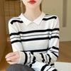 Korean Lapel Striped Long-sleeved Sweater for Women Casual Inner Bottoming Warm Top