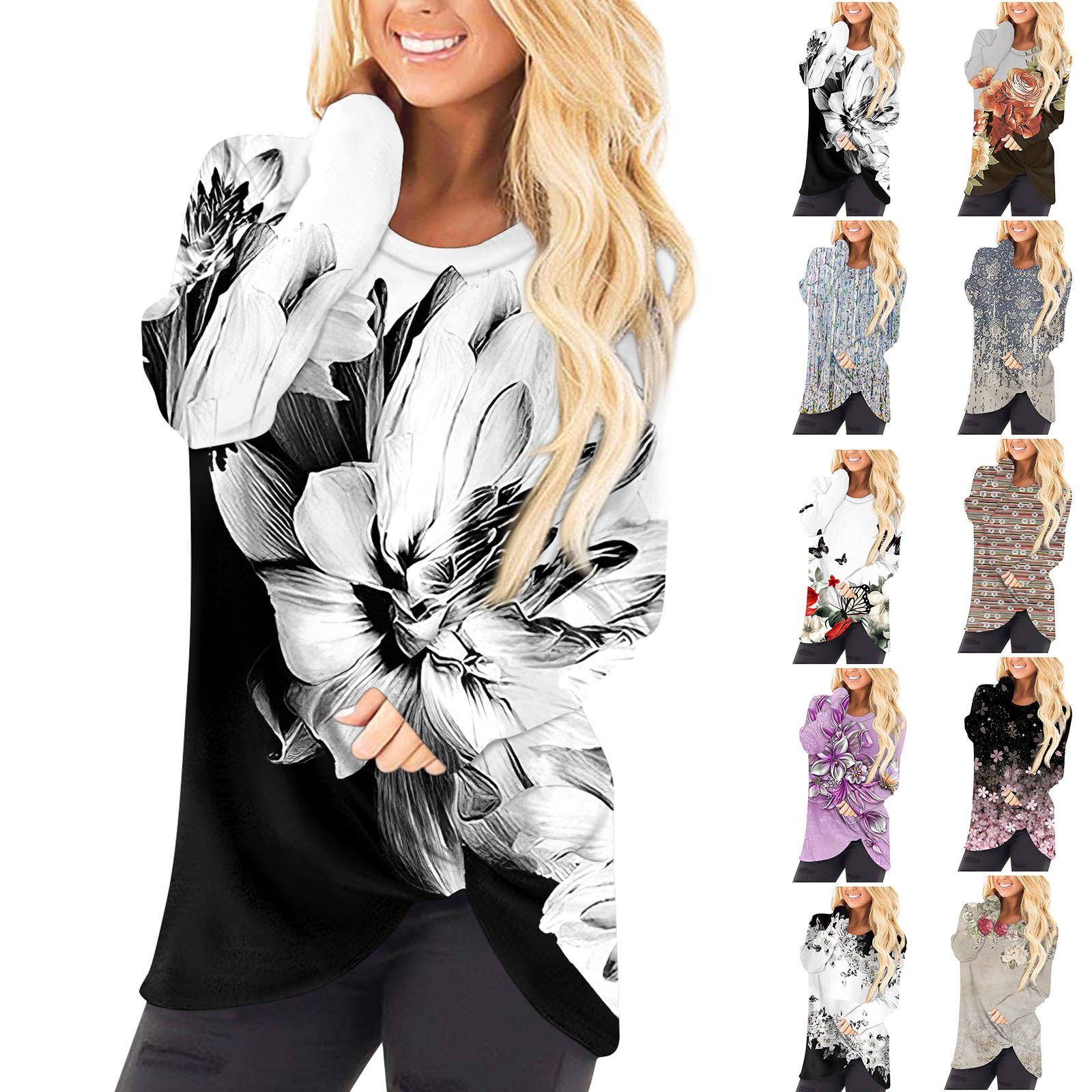 

Женская модная повседневная футболка с длинным рукавом и круглым вырезом с принтом, топ L тёмно-синий