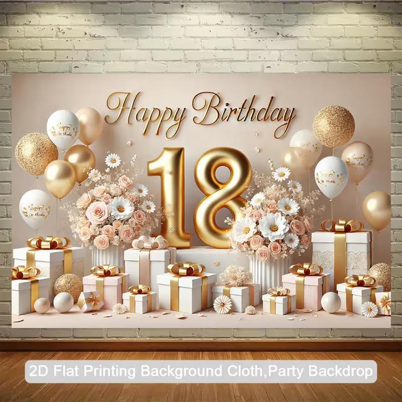 2D Neutral Elegant Backdrop "Happy Birthday" with White & Gold Gift Boxes Photo Booth Background