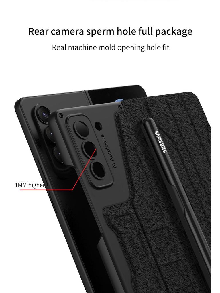 Samsung Z Fold5 Leather Flip Case with Pen Slot - Foldable Screen Protective Cover