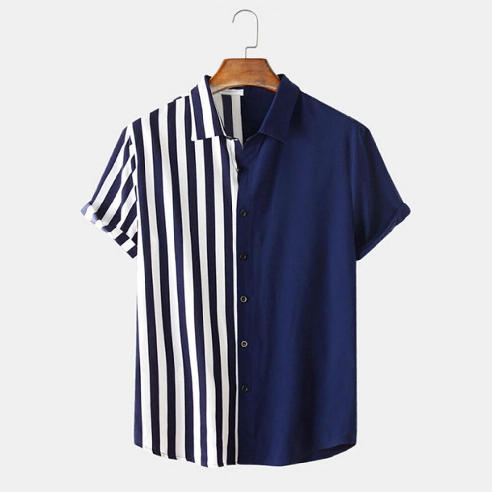 Fall Men Shirt Striped Print Turn-down Collar Short Sleeve Single-breasted Loose Fit Fit Formal Business Style Cardigan Daily Office B Practical Use