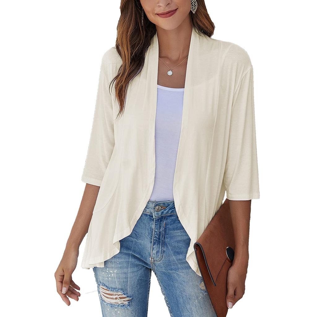 Women's Fashion Casual Seven Minute Sleeve Solid Color Ruffle Cardigan Top