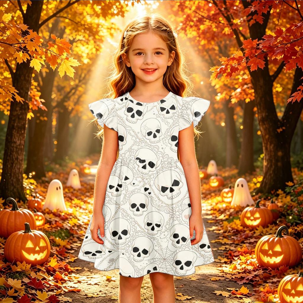 Kids Casual Halloween Printed Sleeve Dress for Party and Holiday
