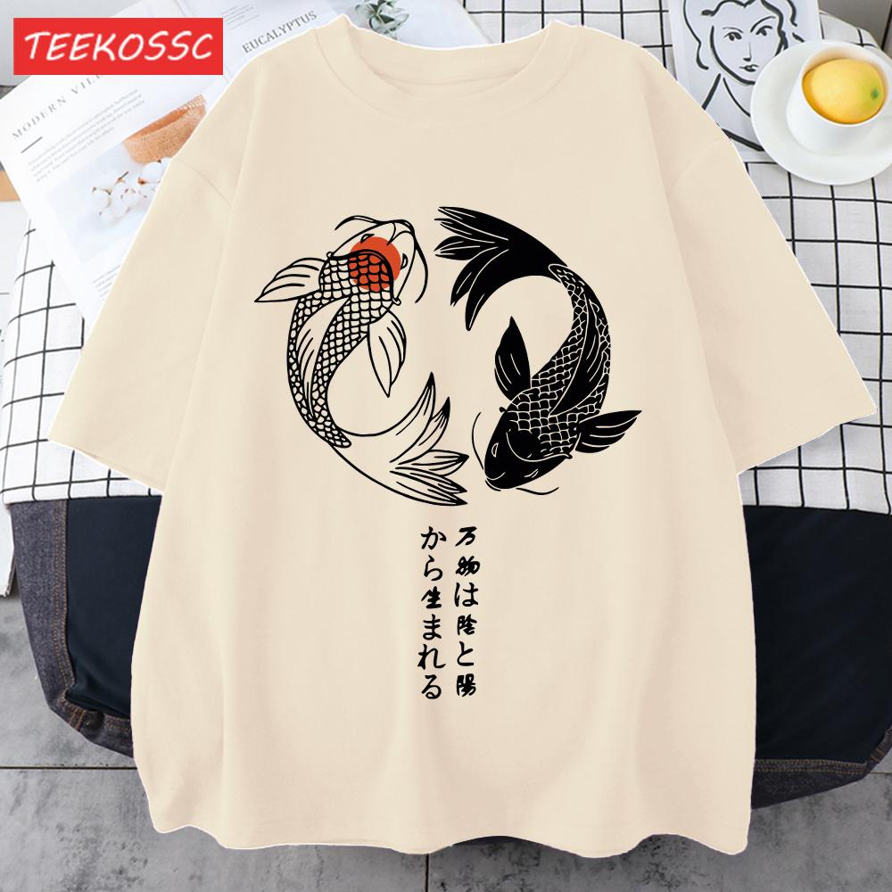 Two Koi Fish Swimming In Waterprint Men TShirts Cotton AllMatch T Shirt Comfortable Crewneck Tops Loose Unisex Summer Clothes
