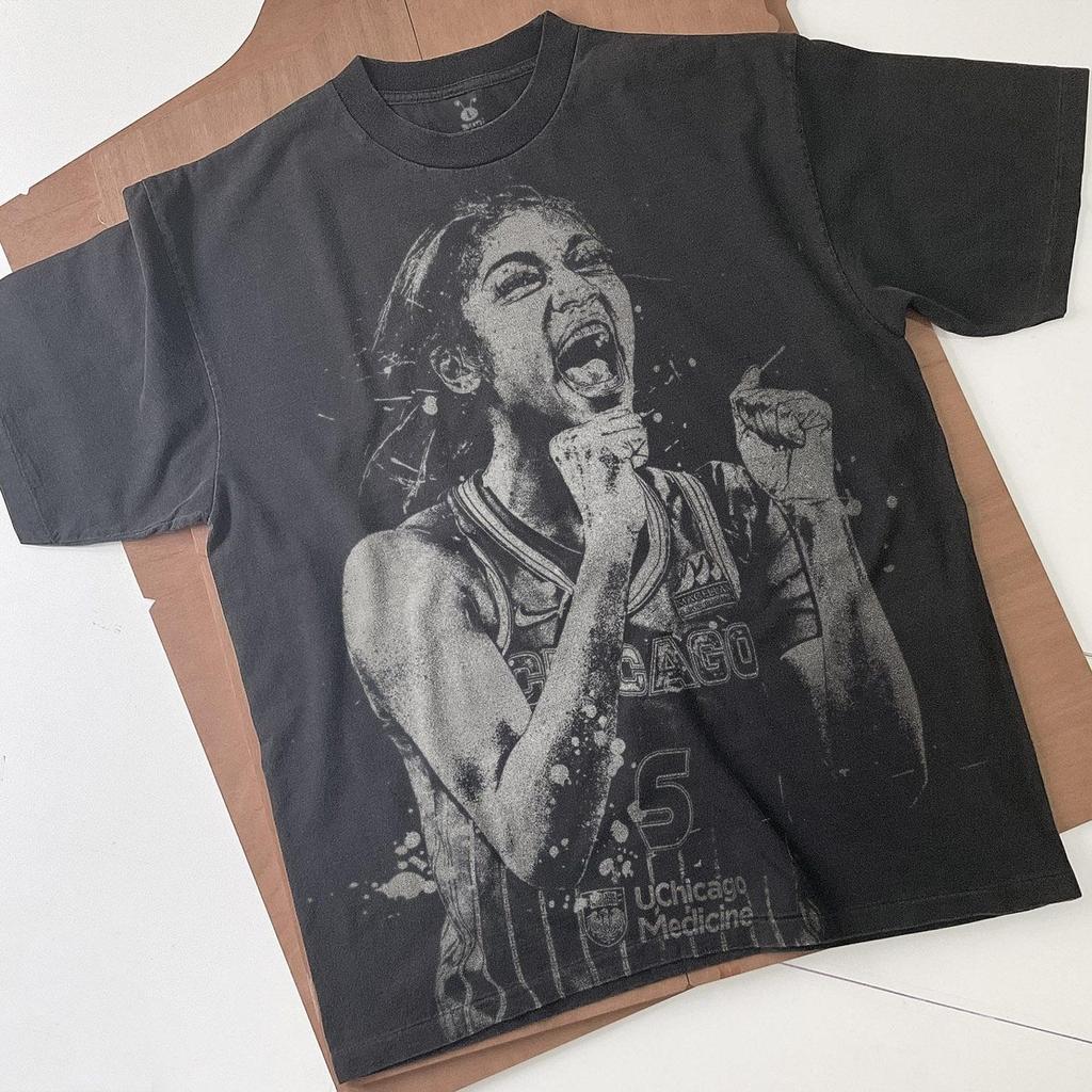 Angel Reese Bleached T-Shirt: Handmade Faded Black Cotton Unisex Tee