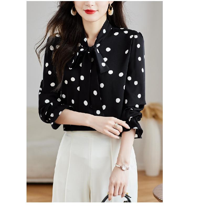 2026 Nuovo Top alla Moda ed Elegante per la Primavera, Camicia Versatile in Chiffon a Maniche Lunghe con Pois Neri