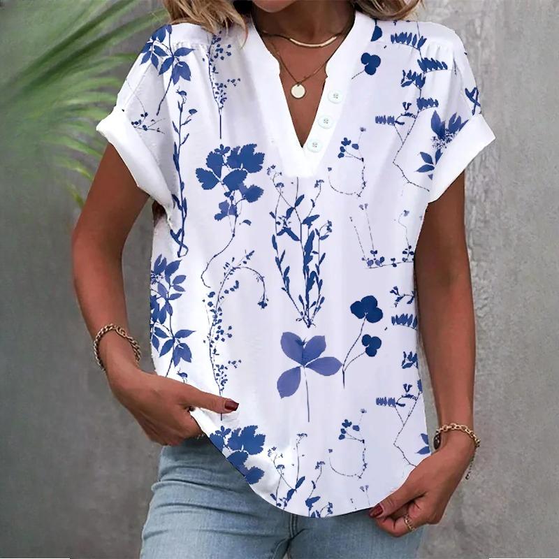 

Летняя женская простая повседневная однотонная рубашка с V-образным вырезом и коротким рукавом XXL синий/белый