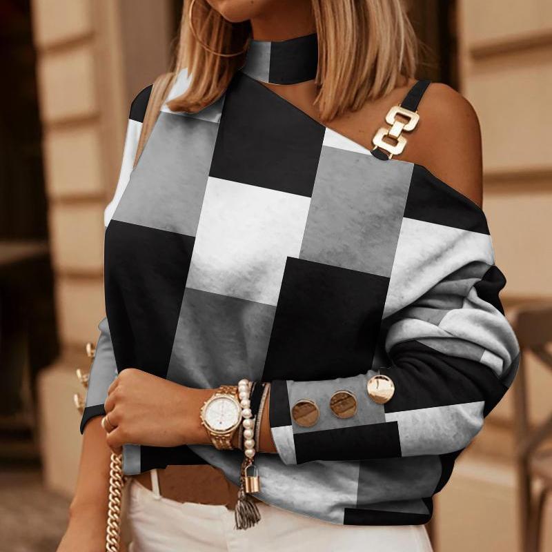 Autumn Winter Long Sleeve T Shirt Chain Neck Halter Floral Printed ...