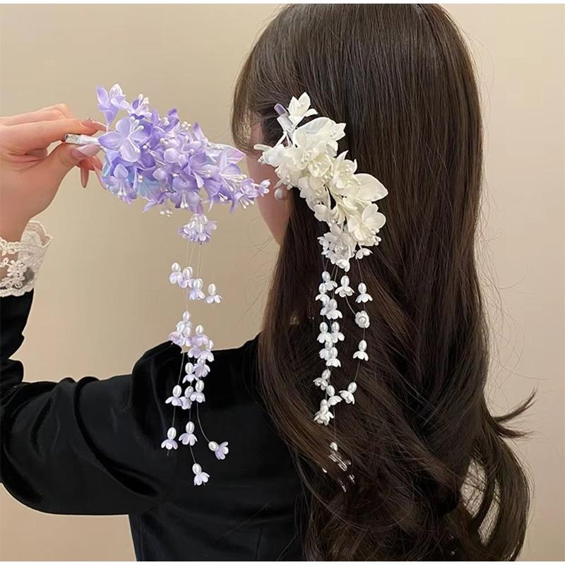 2026 New Chinese Style Flower Hairpin Pearl Luxury Tassel Side Clip Side Clip Bridal Headwear Hairpin Flower Women's Accessories