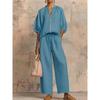 Women Linen 2 Piece Outfit Zip Front Puff Sleeve Blouse Drawstring Wide Leg Pants Casual Summer Matching Set