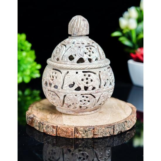 Crocon Soapstone Tealight Candle Holder with Elephant Motif – Decorative Lantern for Home, Office, and Living Room – 4x4 Inch with Lid