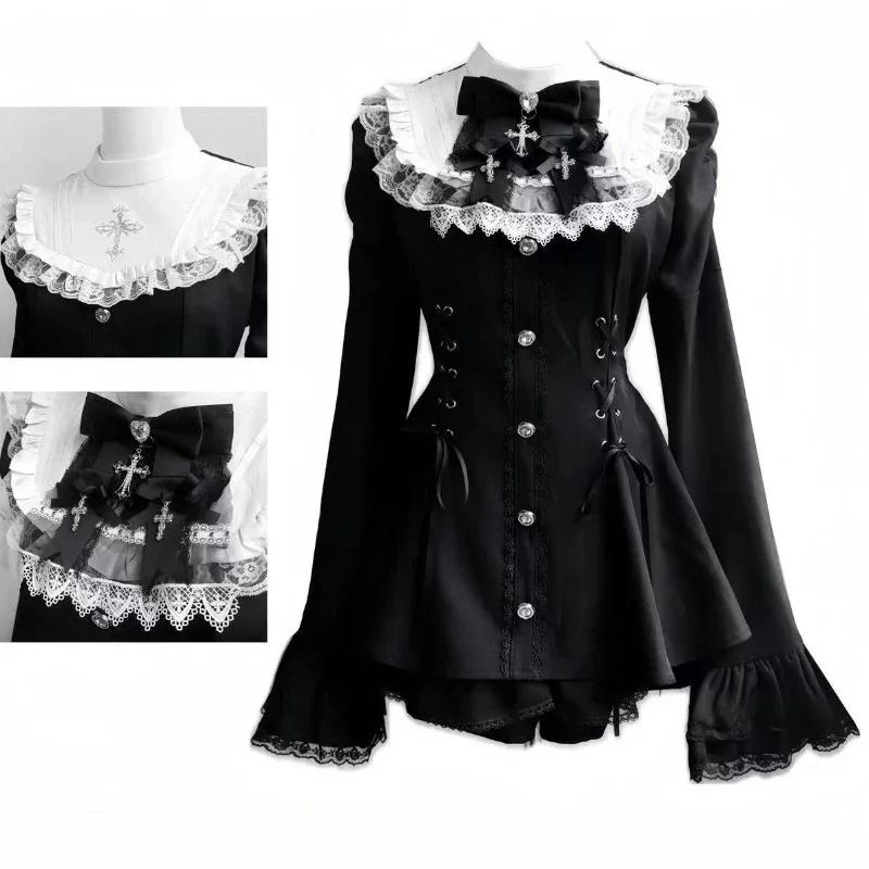 Japanese Y2 Aesthetics Vintage Bow Dress Shorts Set Women Gothic Lolita Style Long Sleeve Shirt Dress Elegant Party Dress Suits