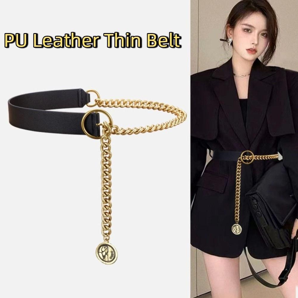 Slim Side PU Leather Belt Metal Buckle Dress Chain Retro Thin Waist Chain  Waist Accessories