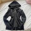 Y2K Dunkler Retro Streetwear Cropped Strick-Hoodie Mit Strassverzierungen Damen