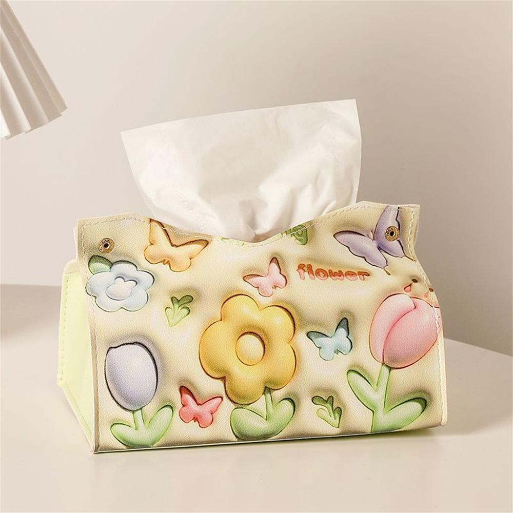 3d Visual Effect Flower Printed Tissue Box Ins Style Paper Napkin Case Cute Pu Leather Home Car Paper Storage Boxes Girls Gifts
