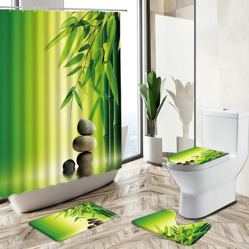 

Zen Shower Curtain Orchid Green Bamboo Stone Water Reflection Spa Home Decor Non-Slip Carpet Toilet Cover Bath Mat Washable Set W60H190(CM)-1 Pcs