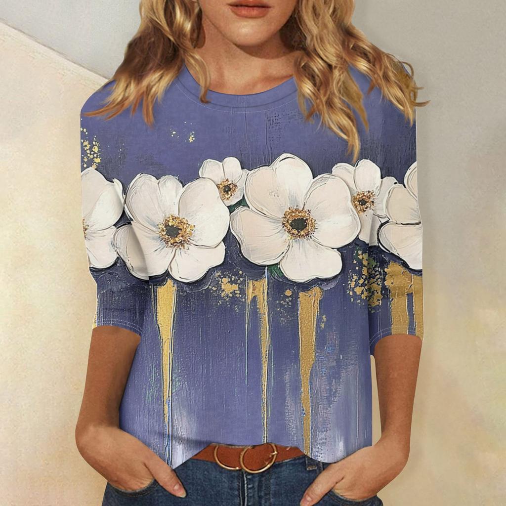 Damenmode, lässig, Rundhalsausschnitt, 3/4-Ärmel, lockeres bedrucktes T-Shirt, Damen-Top