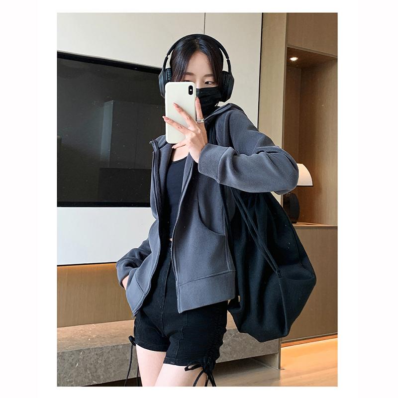 Dámská sportovní bunda na zip s kapucí Podzim Zima Fleecová podšívka Zesílené Mikiny Dámská Jednobarevná Ležérní Volná Mikina Kardigan