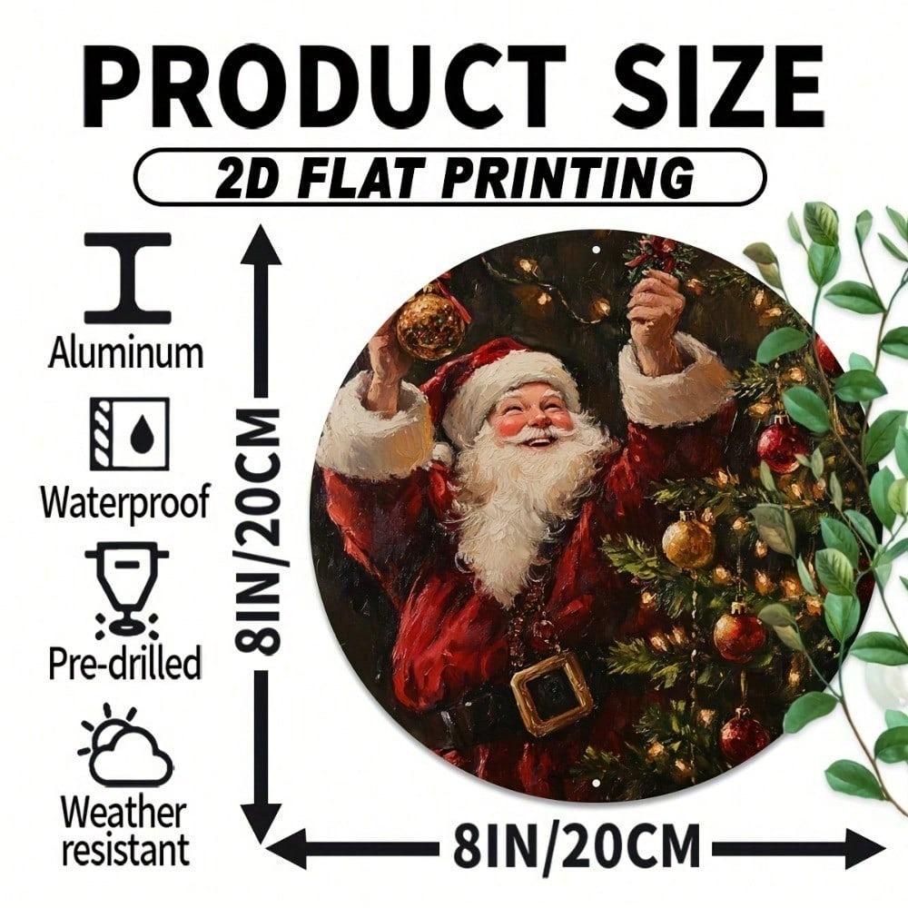 Chicole Vintage Santa Claus Round Metal Wall Art 8x8 Inch Red Gold Christmas Decor Flat Aluminum Holiday Sign