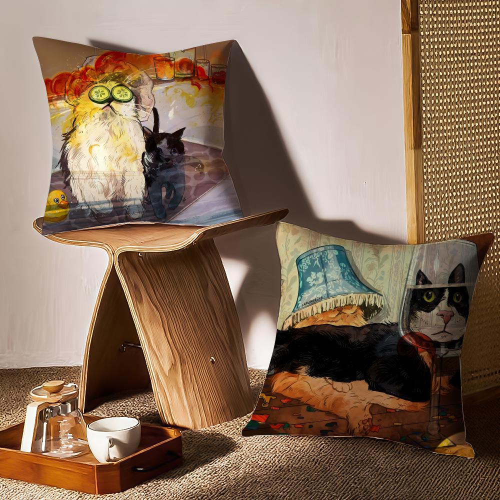Mischievous Cat Cushion Cover Anti-dustmite Pillowcase Invisible Zipper Silky Short Plush Sofa Cushion Cover