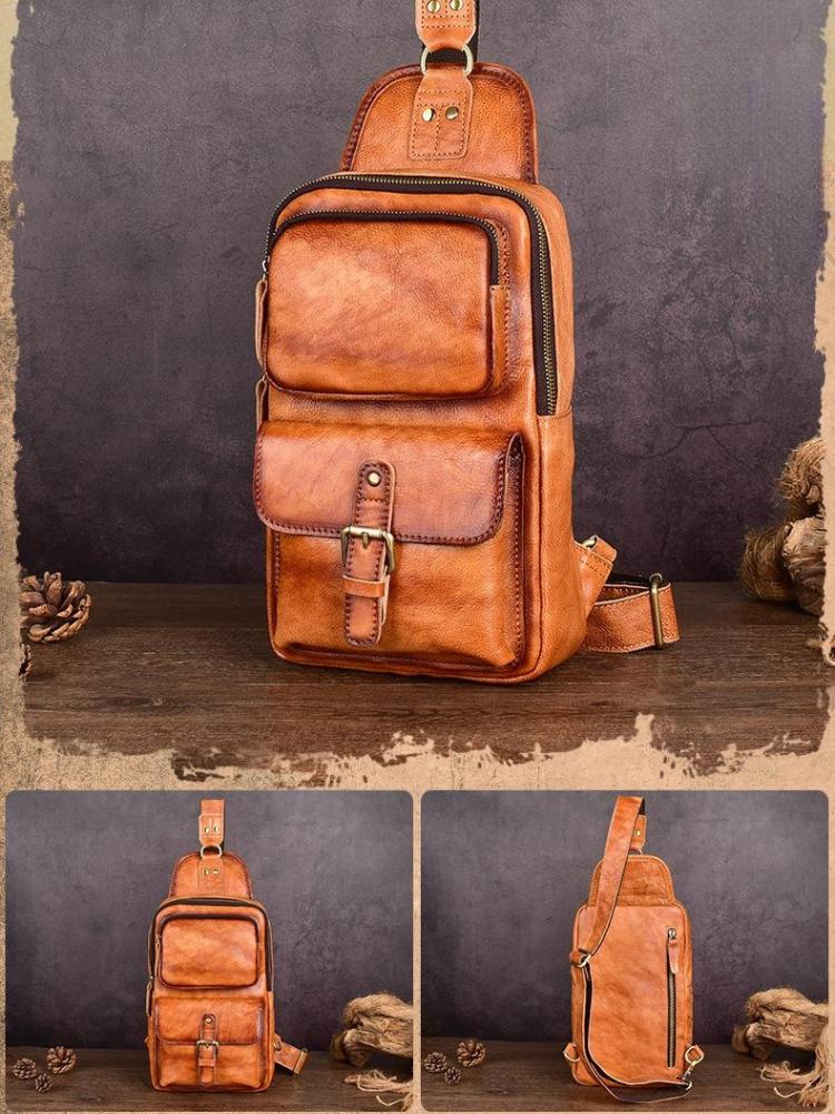 Johnature Vintage echtes Leder Outdoor Herren Brusttasche vielseitige einfarbige natürliche Rindsleder handgefertigte Schulter- und Umhängetaschen