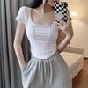 Nieregularny kwadratowy dekolt Krótki rękaw Bawełniany T-shirt Damski Letni Seksowny Top