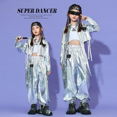 Girls' Jazz Dance Costumes, Girls' Hip-hop Silver Bright Leather Suits, Girls' Groups, Children's Trendy Cool Drum Sets, Costumes