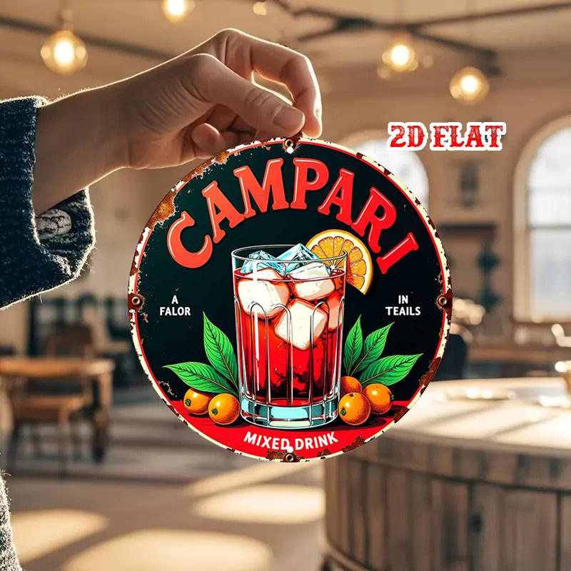 Mfoever Tin Sign HD Aluminum Metal Sign Vintage Campari Mixed Drink Round Wall Decor Retro Cocktail Orange Slice Design Tin Poster for Home Bar 20x20cm