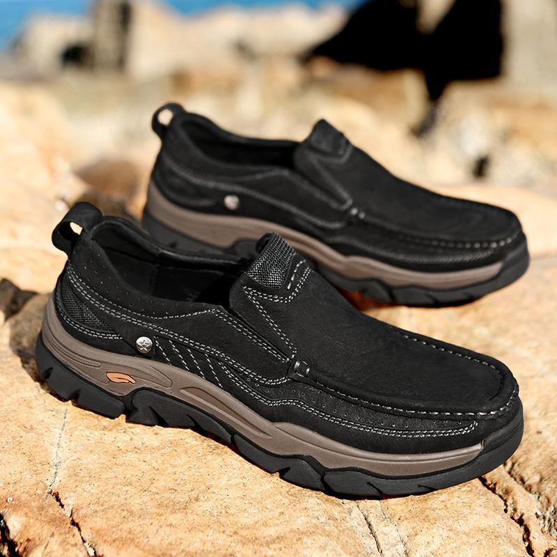 Spring and Autumn Men's Shoes Outdoor Casual Shoes Genuine Leather Middle-Aged Dad Shoes Slip-on Lofter Wear-Resistant Non-Slip Platform Hiking Shoes