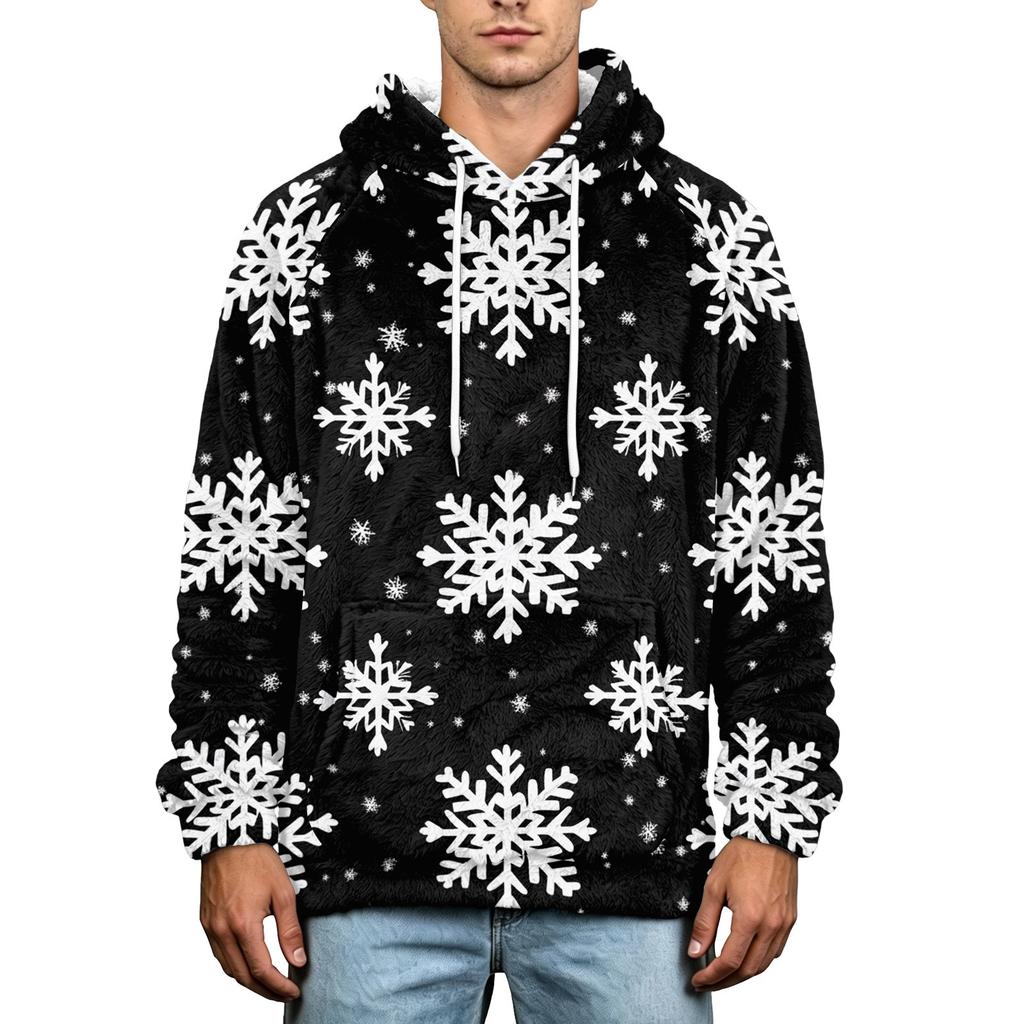 Men's Christmas Print Flannel Hoodie Plus Size Casual Hooded Sweatshirt for Fall and Winter