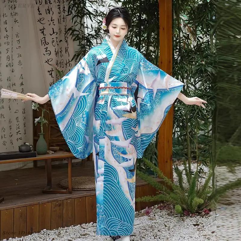 Robe Kimono Japonais Costume de Performance Cosplay Femmes Kimonos Bleus Vintage Style Asiatique Yukata Sexy avec Obi Robes Geisha Imprimées