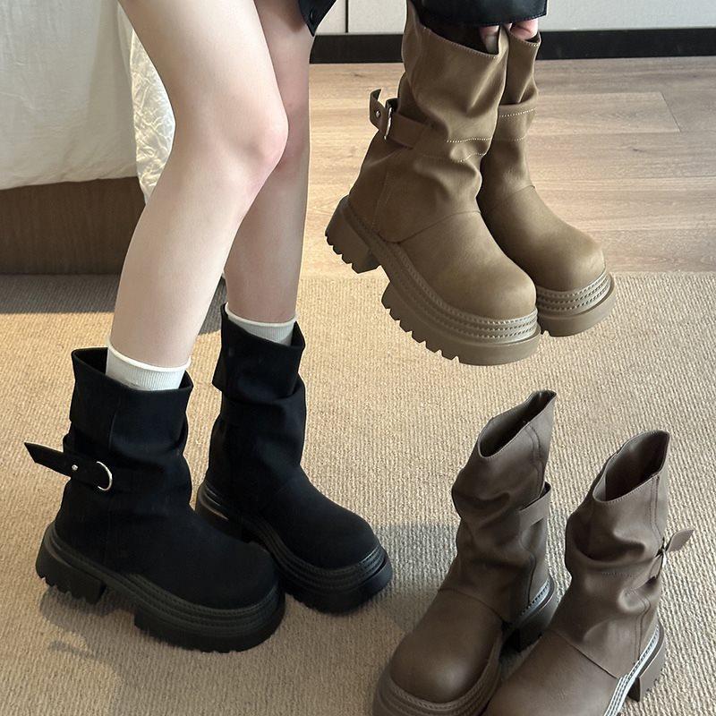 Short Martin Boots Women'S Trousers Round Head Rad Brown Boots Thick-Soled Retro American British Style