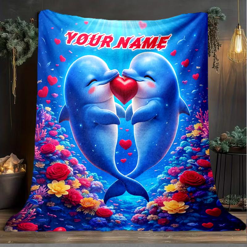1PC Custom Name Love Between Dolphins Outdooor Flannel Blankets Throw Blanket All-Season Throw Gift Bedspread for Couch, Bed, Camping Holiday Birthda