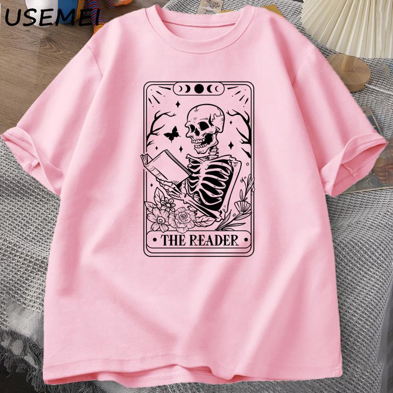 

The Reader Tarot Card T-Shirt Skeleton Reading T Shirt Summer Cotton Book Lover Bookish Tops Men Oversized Tees M рожевий