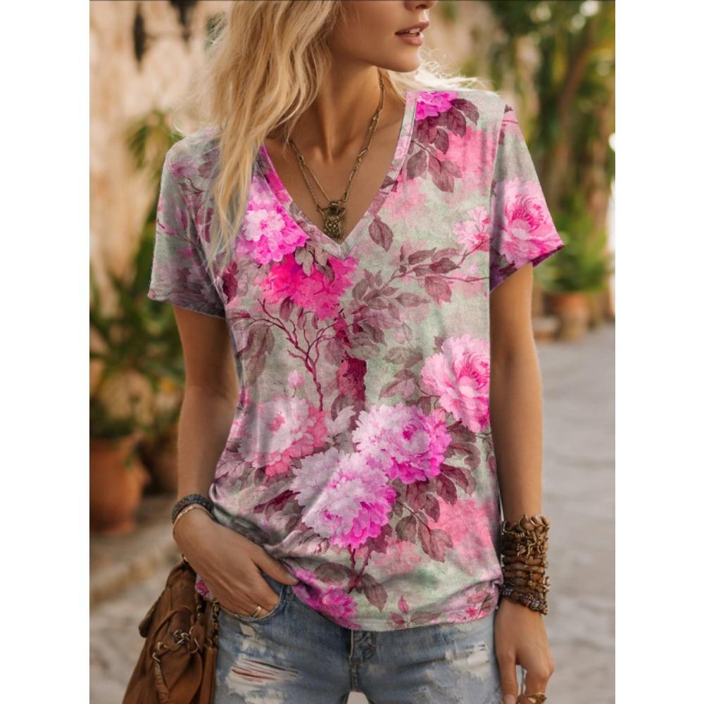 Women Summer T Shirt Flower Pattern Print Short Sleeve Tees Casual Printed Tops