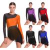Combinaison-Robe Patinage Artistique Femme Paillettes Strass Manches Longues Découpe Dorsale Color Block Leotard