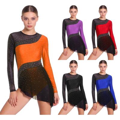 Vestido Body Strass Brilhante para Patinação Artística Feminina Manga Longa Costas Abertas Color Block
