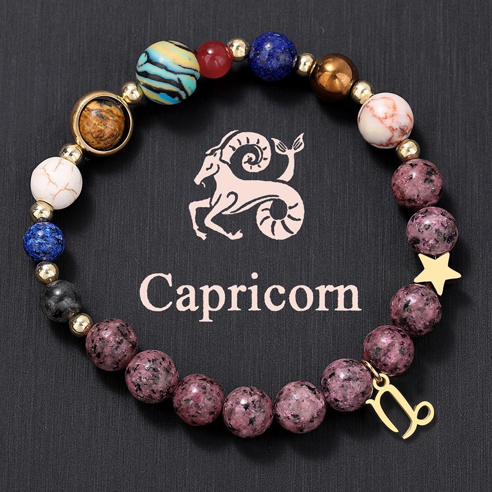 European American Zodiac Basalt Beaded Bracelet with Eight Planets