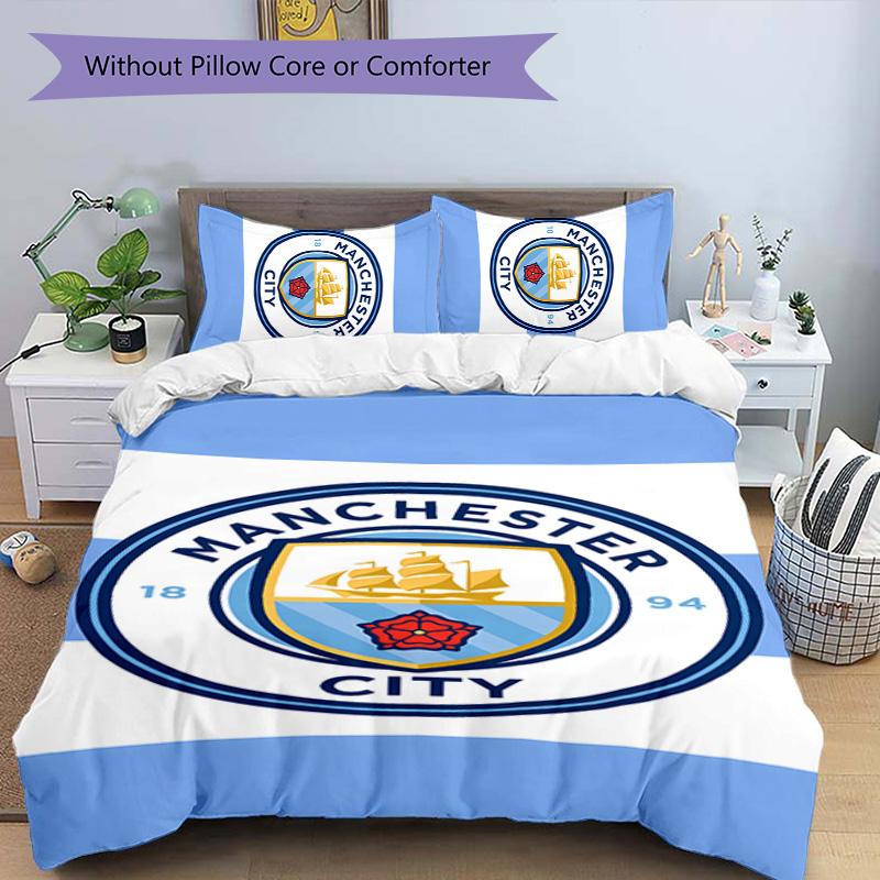 3pcs Manchester City Football Club Pattern Bedding Set Duvet Cover Set Includes Duvet Cover &pillowcases,perfect All Season Bedroom Decoration&gift