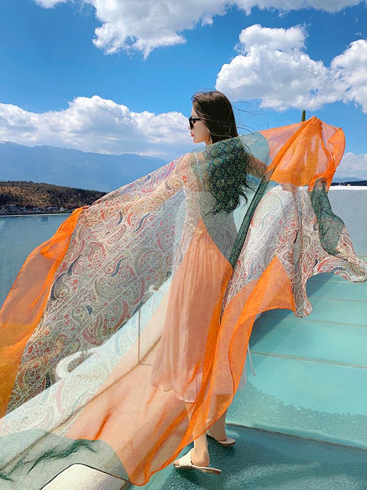 Summer Chiffon Hijab Elegant Women Silk Scarf Vintage Print Mujer Shawl Bandana Sarong Beach Wrap Scarve Pareo Bufanda Stoles