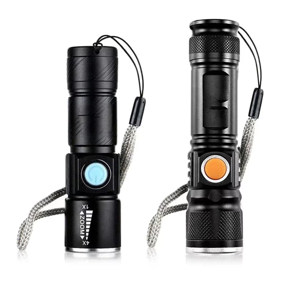 Powerful LED Flashlight With Tail USB Charging Head Zoomable Waterproof Torch Portable Light 3 Lighting Modes Built-in Battery