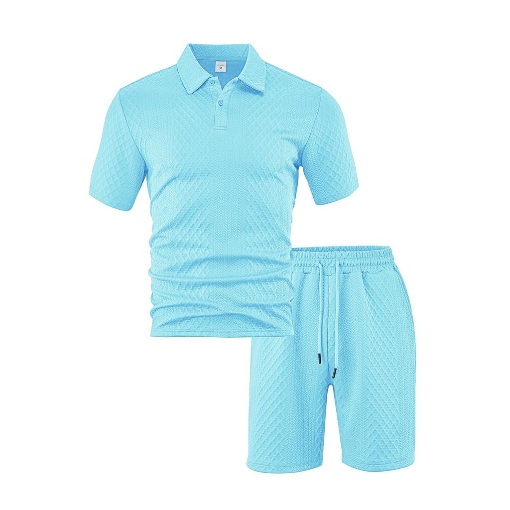 Men's Casual Breathable Button-down Placket Polo Shirt Solid Color High-quality Stand-up Collar Short-sleeved Shorts Set