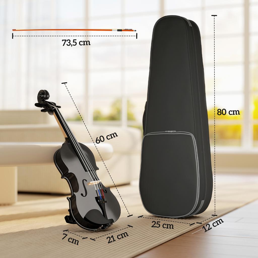 Geige 4/4 Massivholz Geigenset für Erwachsene und Anfänger mit leichtem und tragbarem Koffer 60 x 21 cm Schwarz